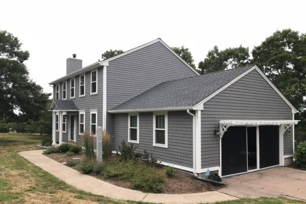 RI Home & Garage After Roofing, Windows, & Gray CertainTeed Cedar Impressions Siding