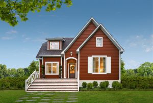 Single-family home with red-brown plank siding