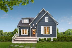 House with gray fiber cement siding and white trim in front of blue sky